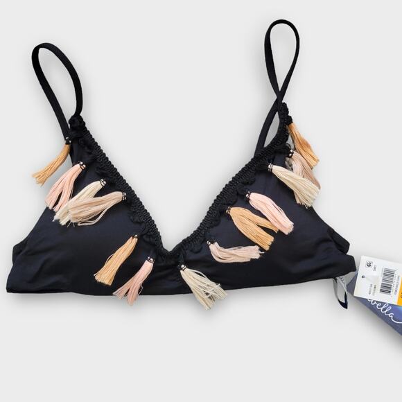 Isabella Rose Neutral Tassle Black Bralette Triangle Bikini Swim Top Sz S - Picture 2 of 8